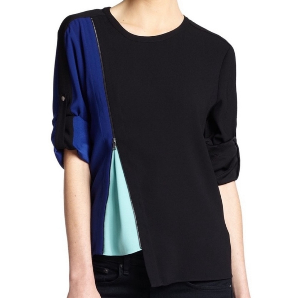 NEW BCBGMAXAZRIA Versatile Blue-Aqua-Black Zip Blouse XS 3/4 Sleeve